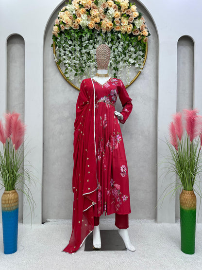 Handwork With Digital Printed Maroon Anarkali Suit