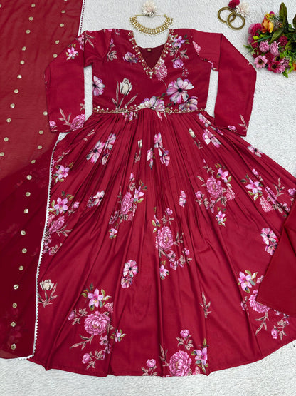 Handwork With Digital Printed Maroon Anarkali Suit