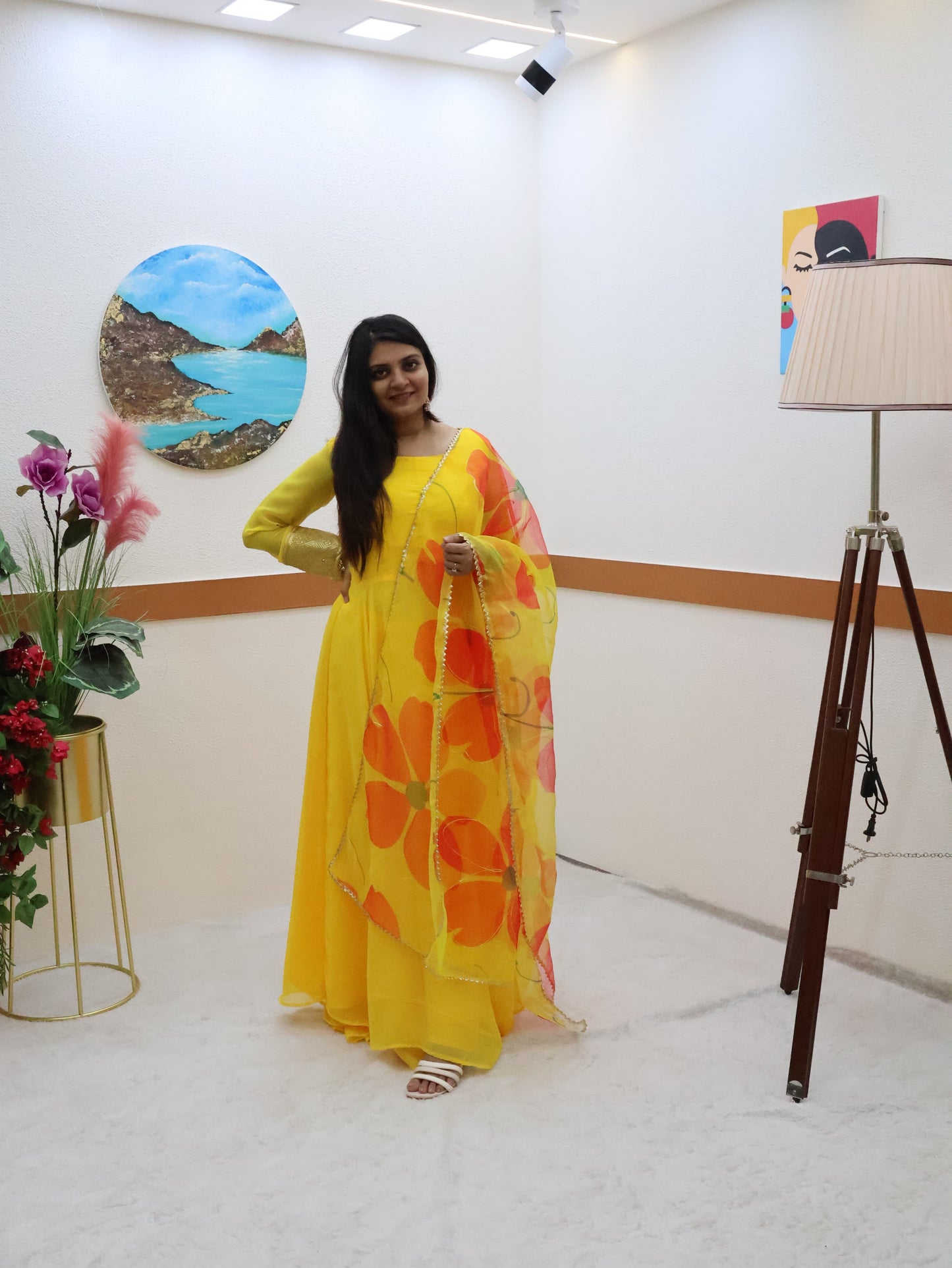 Plain Yellow Color Gown With Floral Print Dupatta