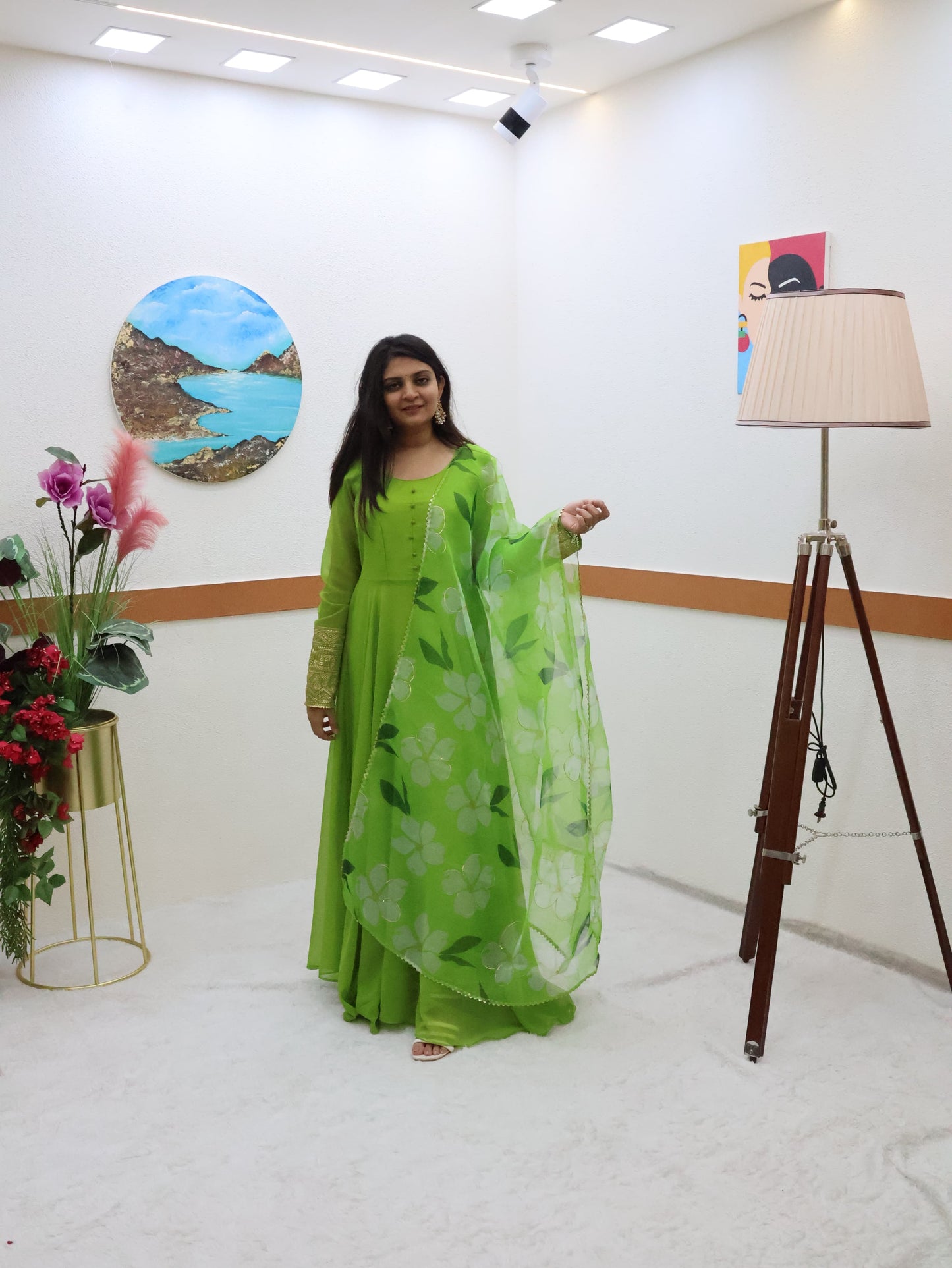 Plain Parrot Green Color Gown With Floral Print Dupatta