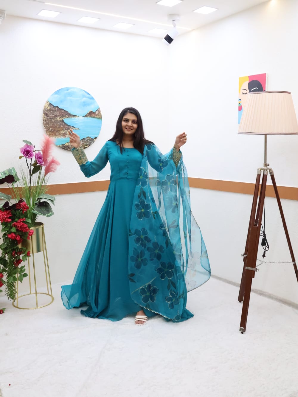 Plain Teal Blue Color Gown With Floral Print Dupatta