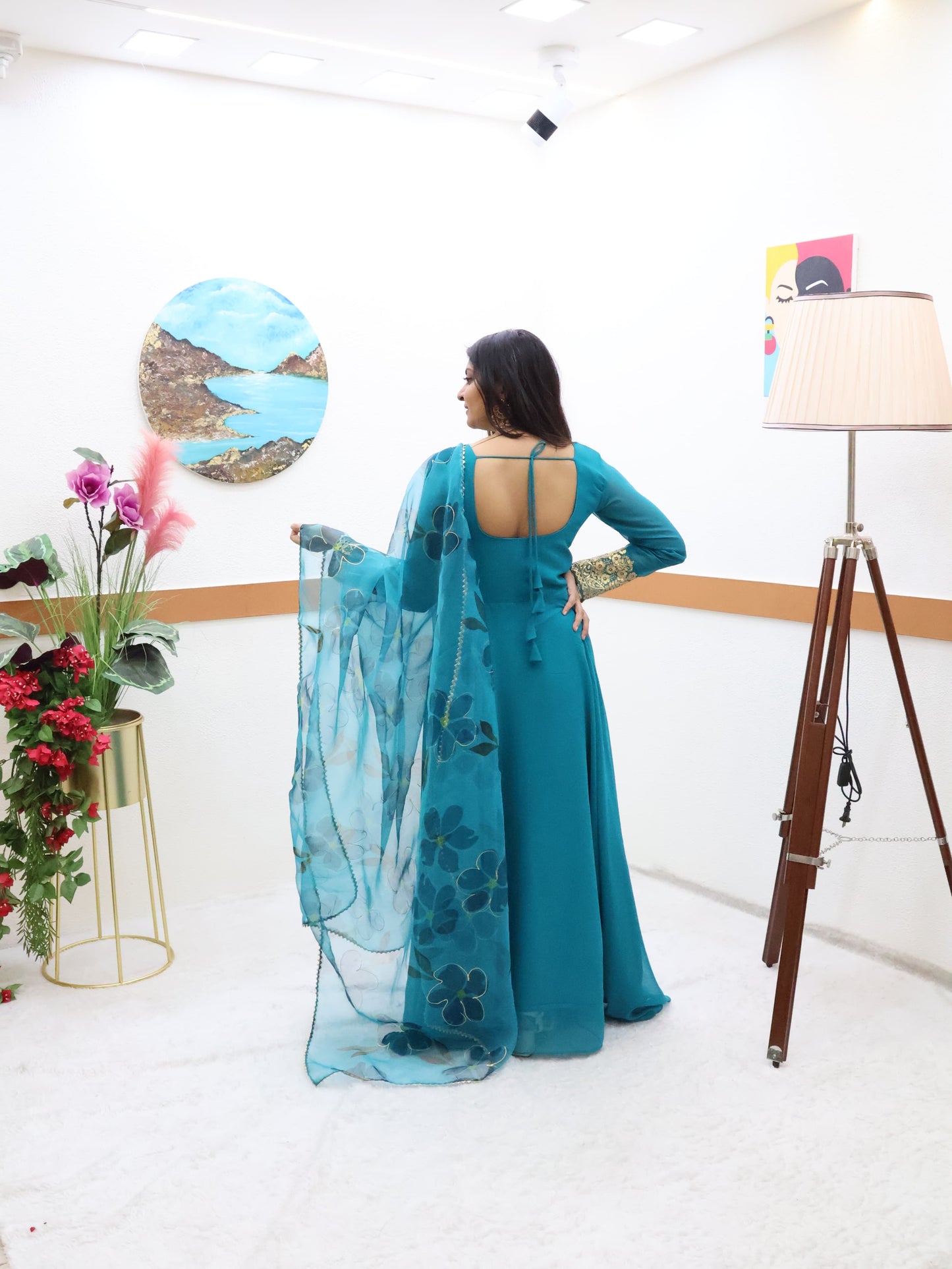 Plain Teal Blue Color Gown With Floral Print Dupatta