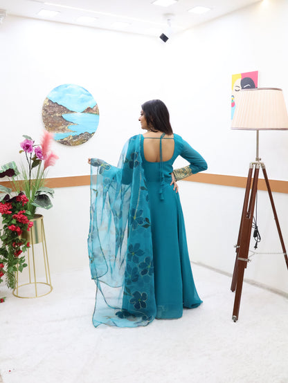 Plain Teal Blue Color Gown With Floral Print Dupatta