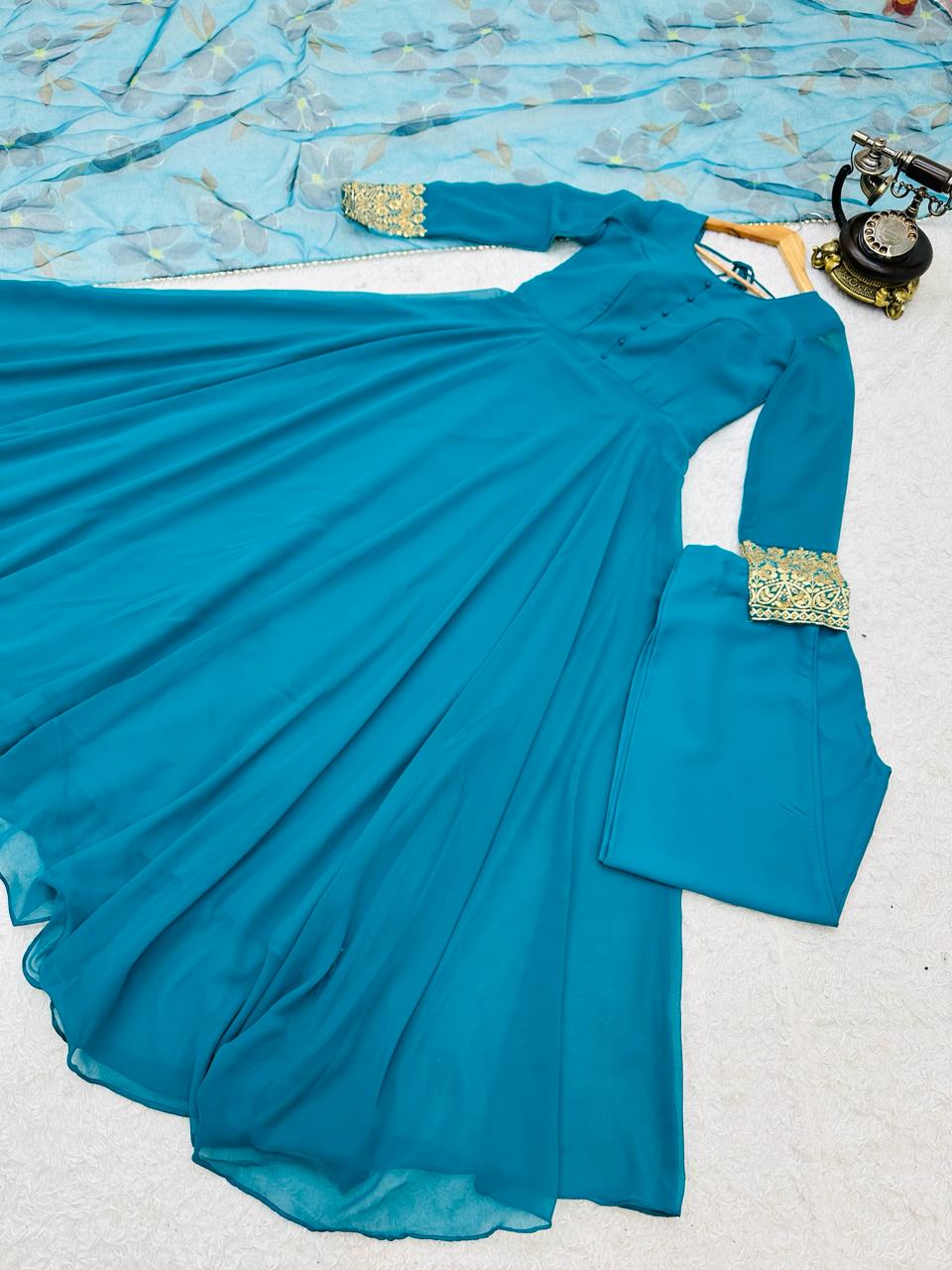 Plain Teal Blue Color Gown With Floral Print Dupatta