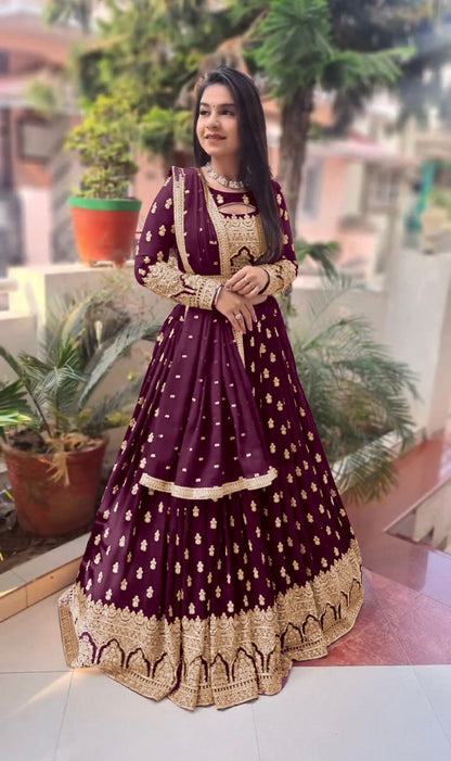Fantastic Embroidery Work Wine Color Lehenga Choli