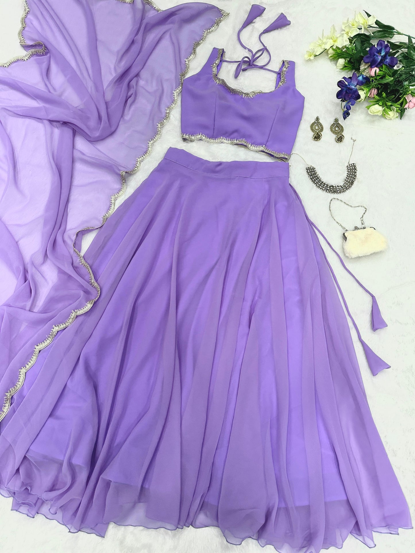 Ceremony Wear Lavender Color Pure Georgette With 8 Meter Flair Beautiful Lehenga Choli