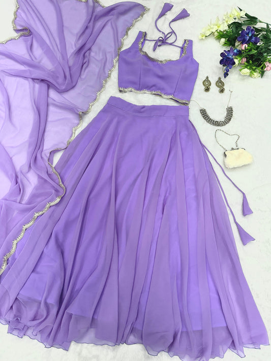 Ceremony Wear Lavender Color Pure Georgette With 8 Meter Flair Beautiful Lehenga Choli