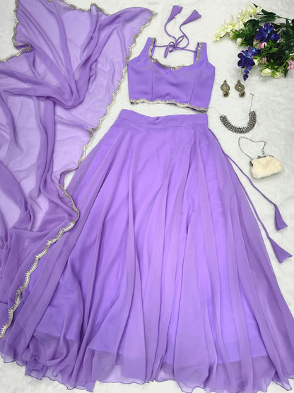 Ceremony Wear Lavender Color Pure Georgette With 8 Meter Flair Beautiful Lehenga Choli