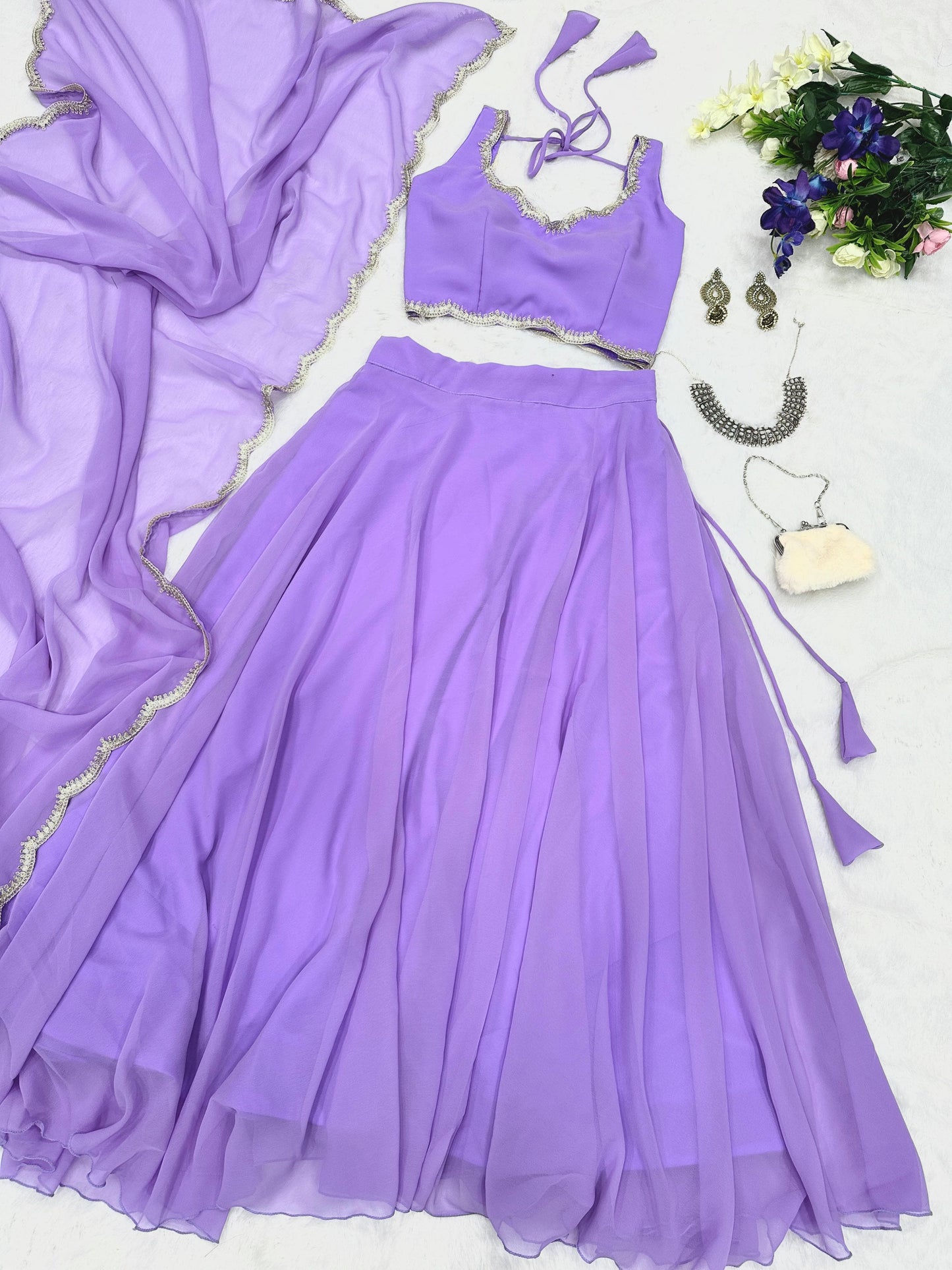 Ceremony Wear Lavender Color Pure Georgette With 8 Meter Flair Beautiful Lehenga Choli