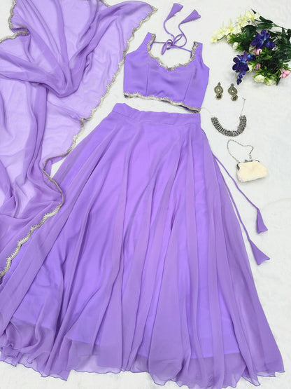 Ceremony Wear Lavender Color Pure Georgette With 8 Meter Flair Beautiful Lehenga Choli
