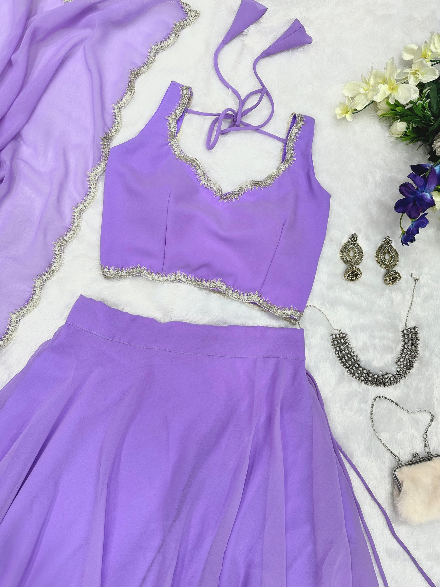 Ceremony Wear Lavender Color Pure Georgette With 8 Meter Flair Beautiful Lehenga Choli