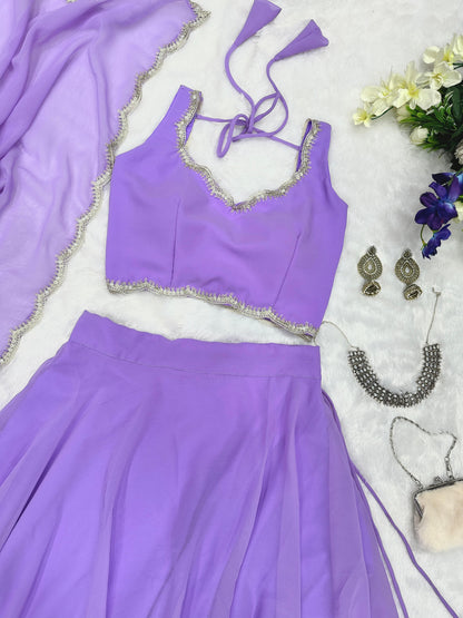 Ceremony Wear Lavender Color Pure Georgette With 8 Meter Flair Beautiful Lehenga Choli