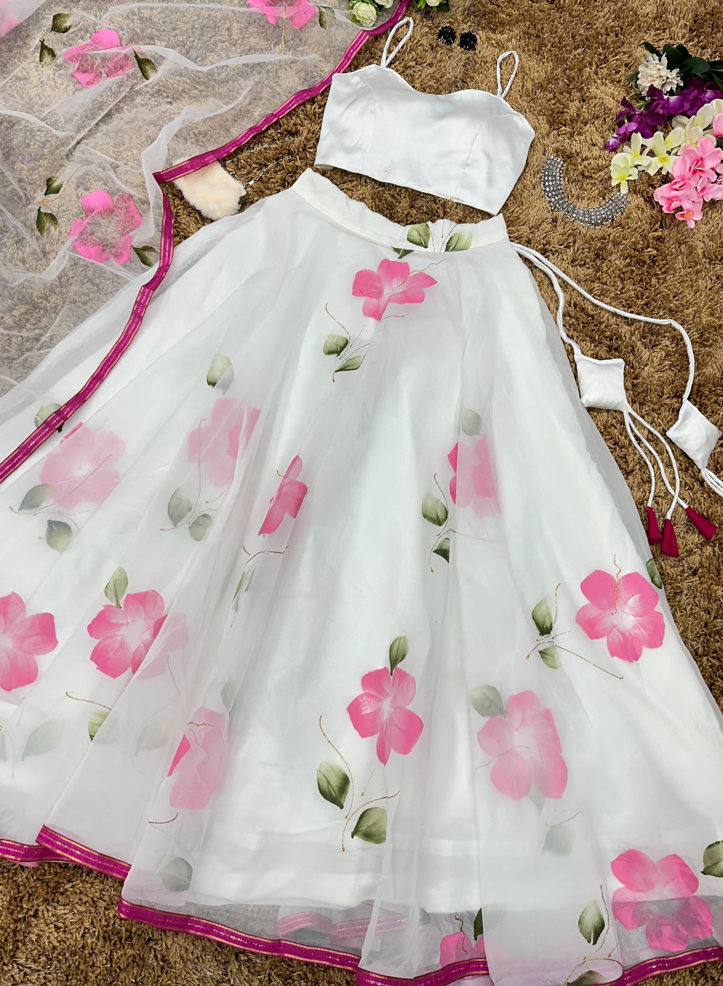 Fashionable White Color Organza Flower Print Lehenga Choli