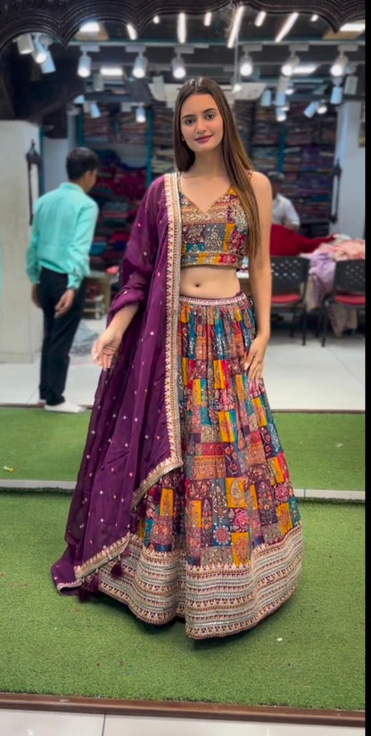 Delightful Multi Color Print With Work Lehenga Choli