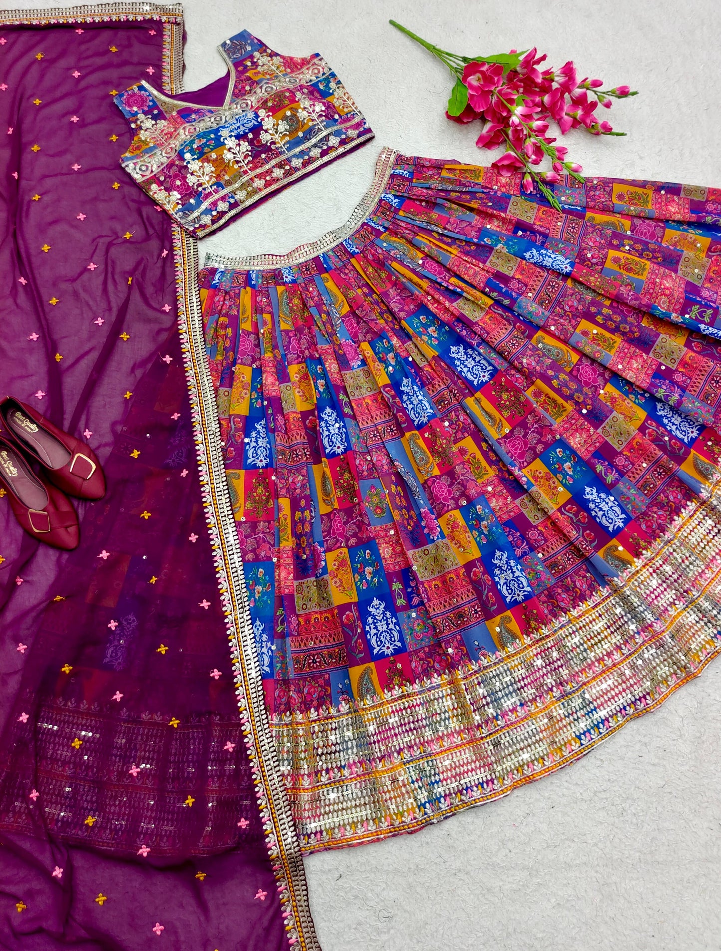 Delightful Multi Color Print With Work Lehenga Choli