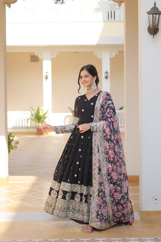 Zari Embroidery Work Black Gown With Printed Dupatta