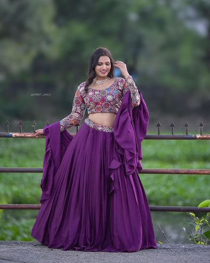 Outstanding Wine Color Plain Lehenga With Work Blouse