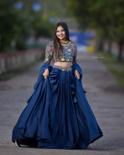 Outstanding Blue Color Plain Lehenga With Work Blouse