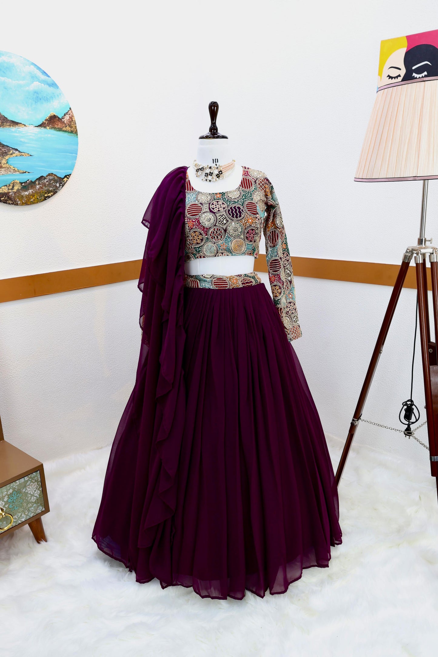 Outstanding Wine Color Plain Lehenga With Work Blouse