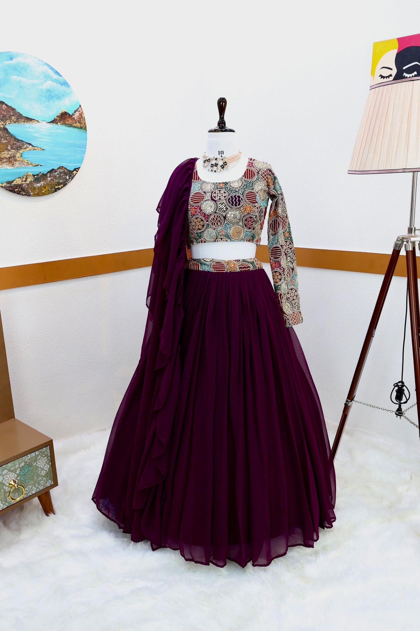 Outstanding Wine Color Plain Lehenga With Work Blouse