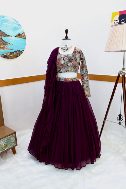 Outstanding Wine Color Plain Lehenga With Work Blouse