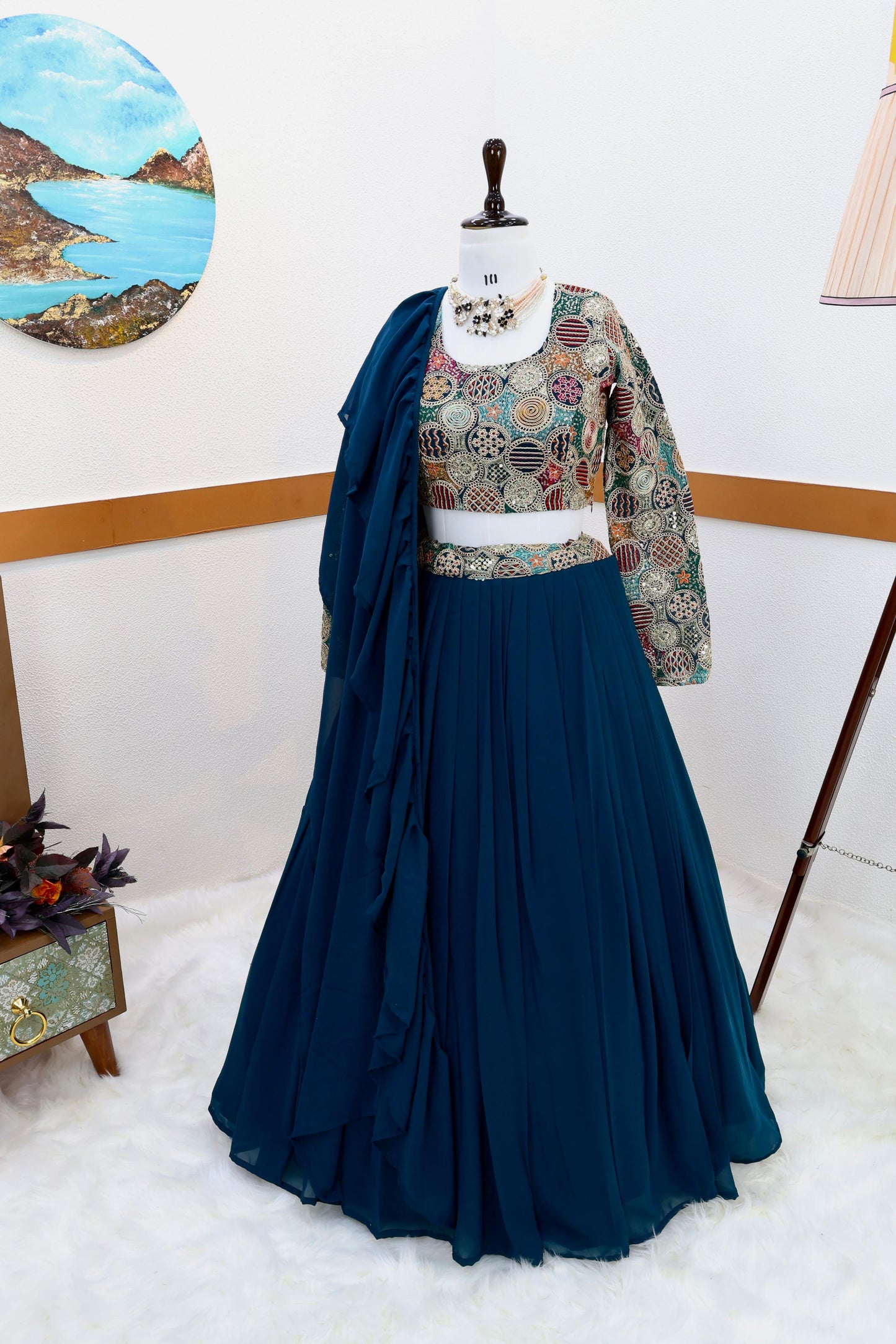 Outstanding Blue Color Plain Lehenga With Work Blouse