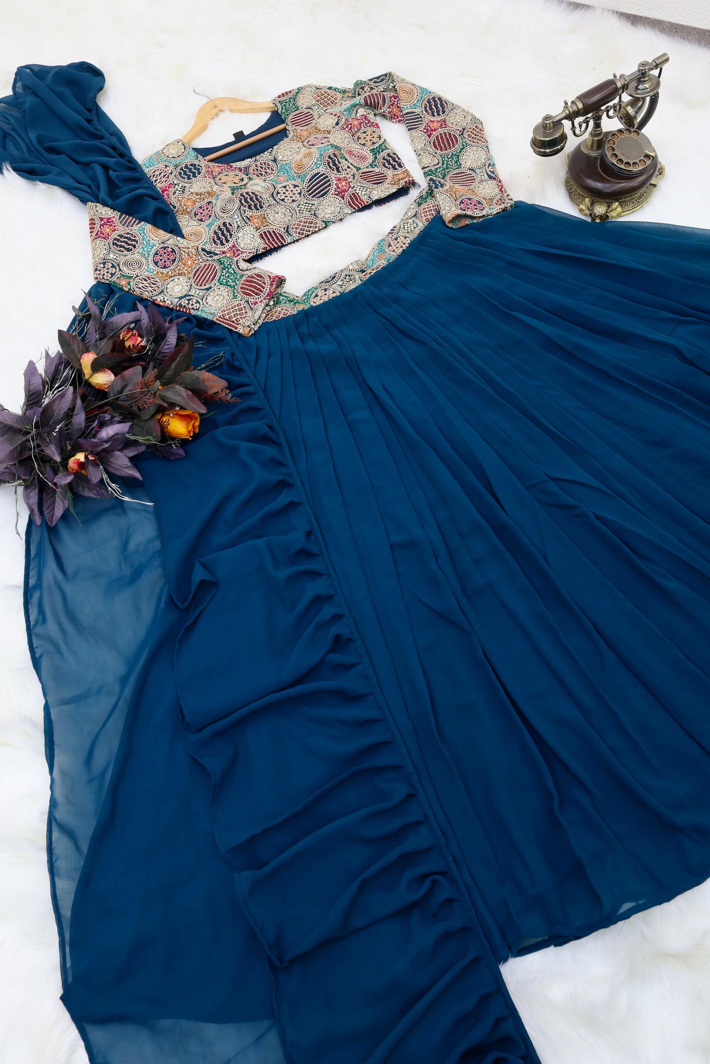 Outstanding Blue Color Plain Lehenga With Work Blouse