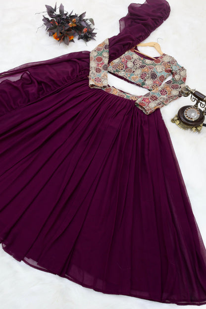Outstanding Wine Color Plain Lehenga With Work Blouse