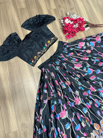 Fancy Sleeve Black Printed Crop Top Lehenga Choli