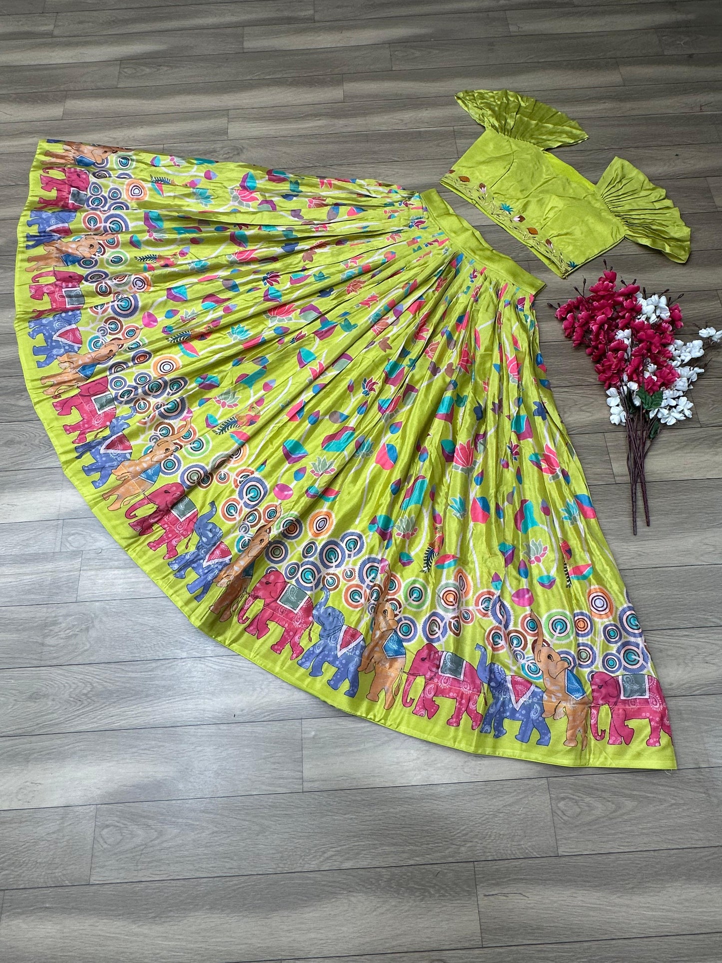 Fancy Sleeve Parrot Green Printed Crop Top Lehenga Choli