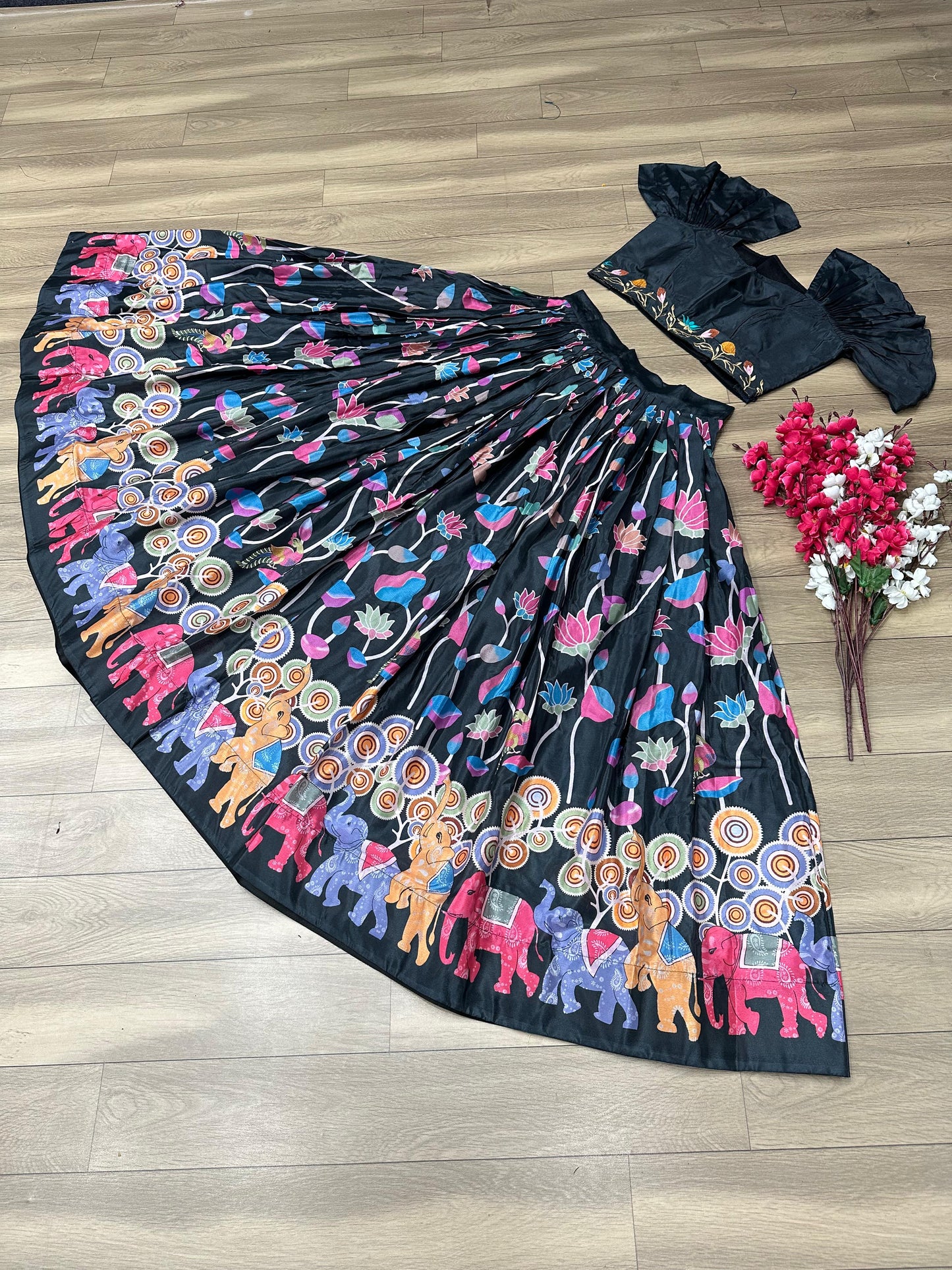 Fancy Sleeve Black Printed Crop Top Lehenga Choli