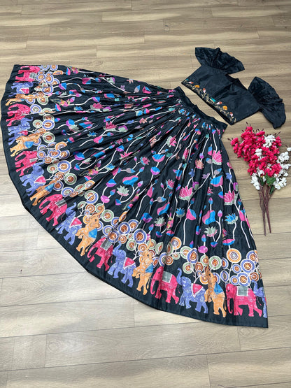 Fancy Sleeve Black Printed Crop Top Lehenga Choli