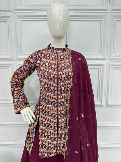 Beautiful Ceremony Wear Wine Color Lehenga With Koti
