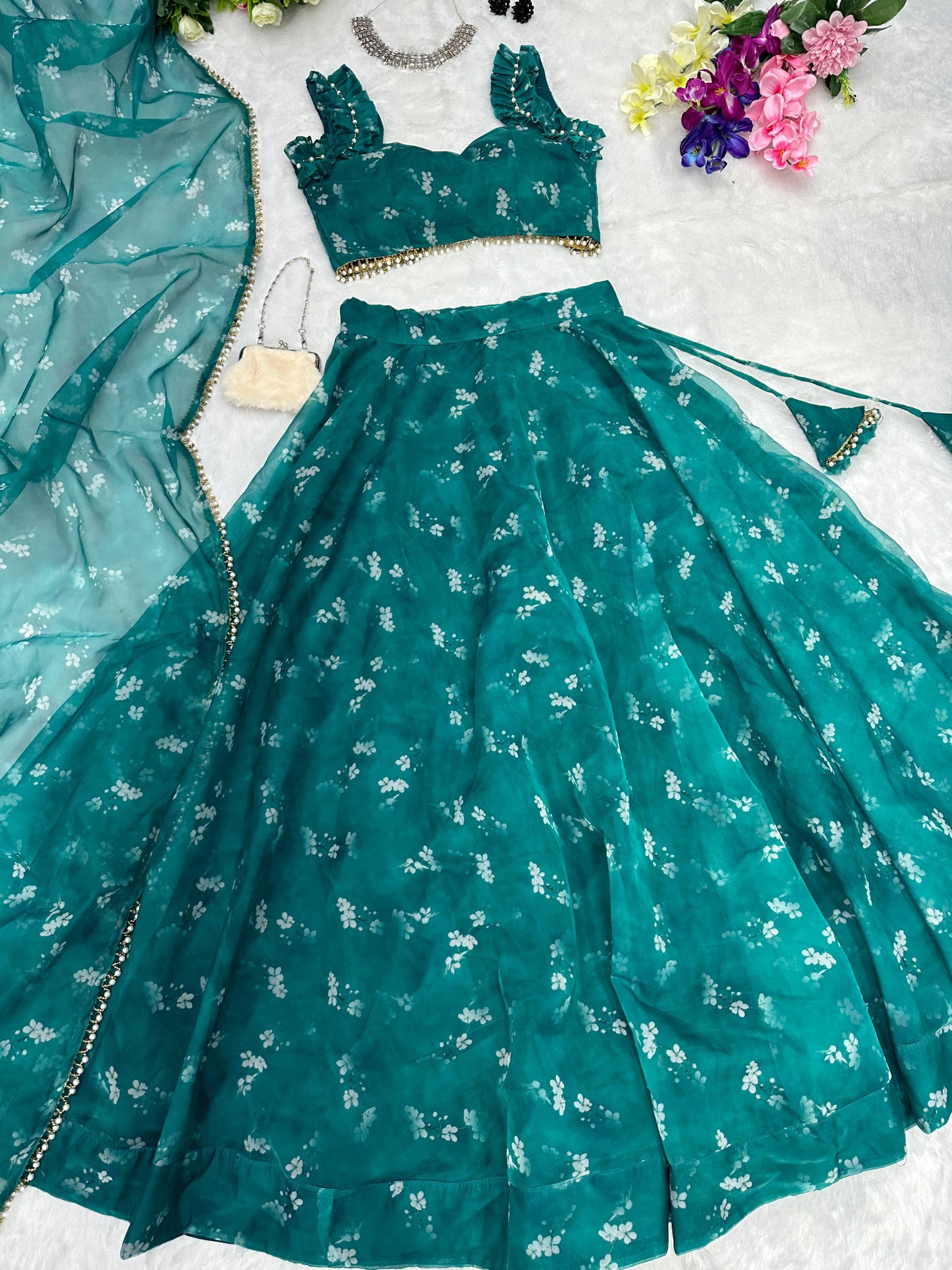 Wonderful Digital Printed Green Organza Lehenga Choli