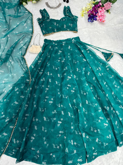 Wonderful Digital Printed Green Organza Lehenga Choli