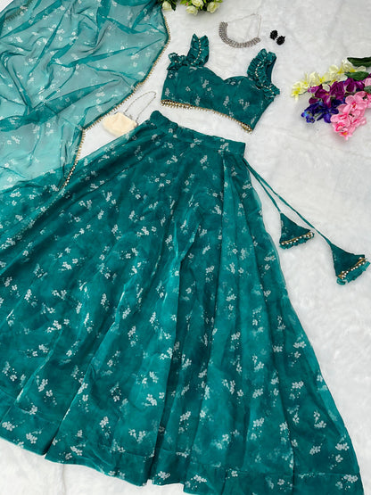 Wonderful Digital Printed Green Organza Lehenga Choli
