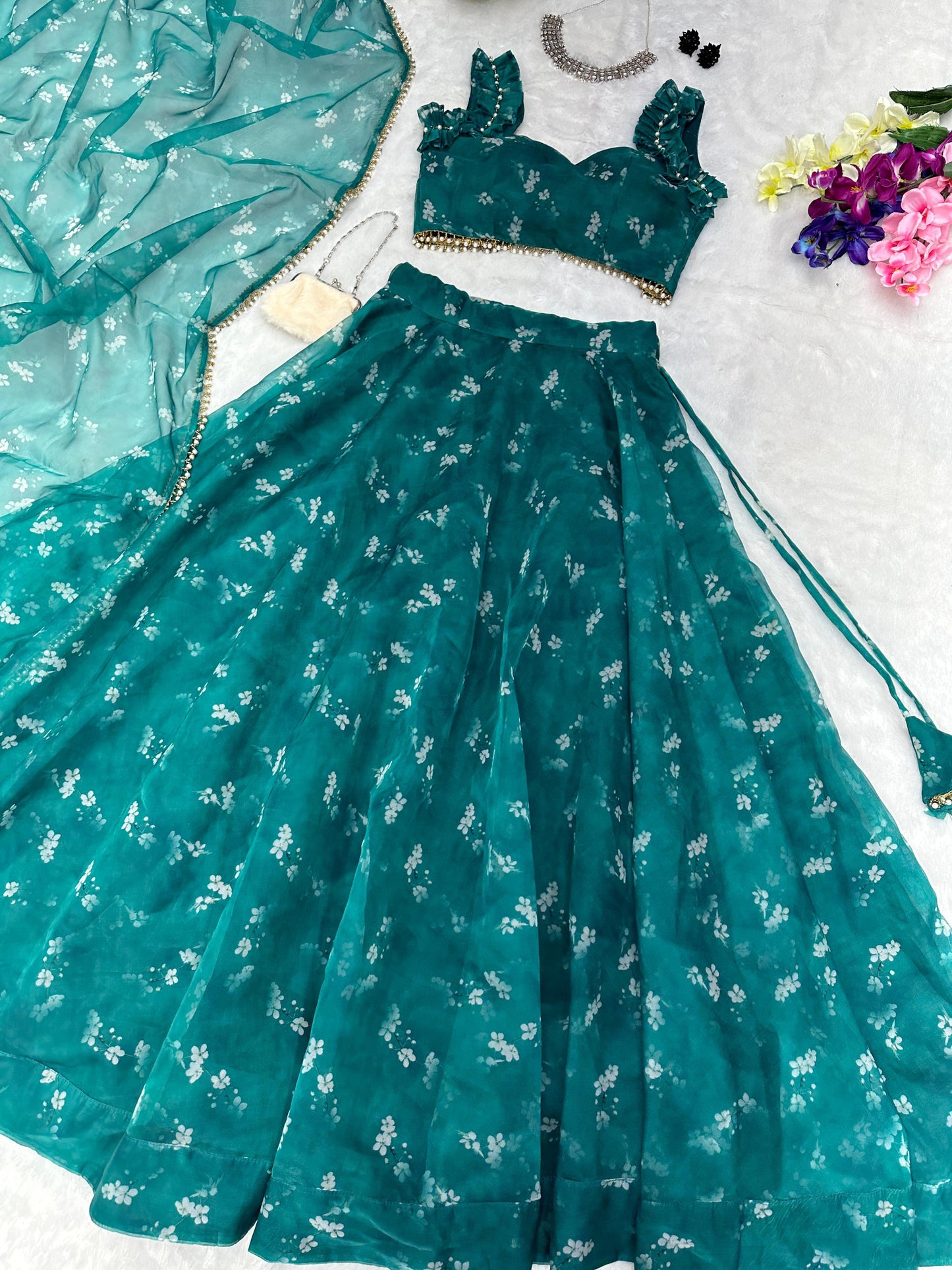 Wonderful Digital Printed Green Organza Lehenga Choli