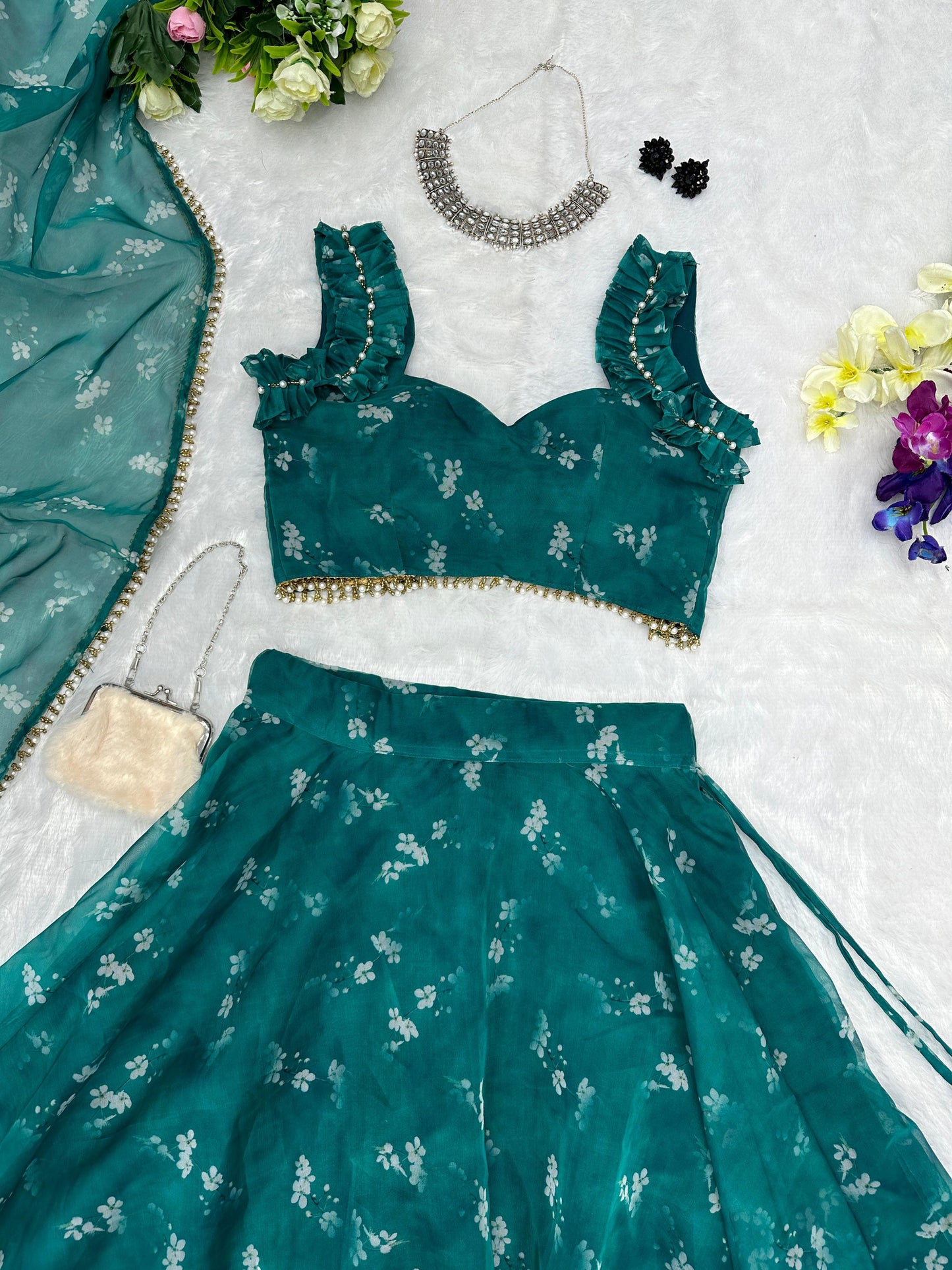 Wonderful Digital Printed Green Organza Lehenga Choli