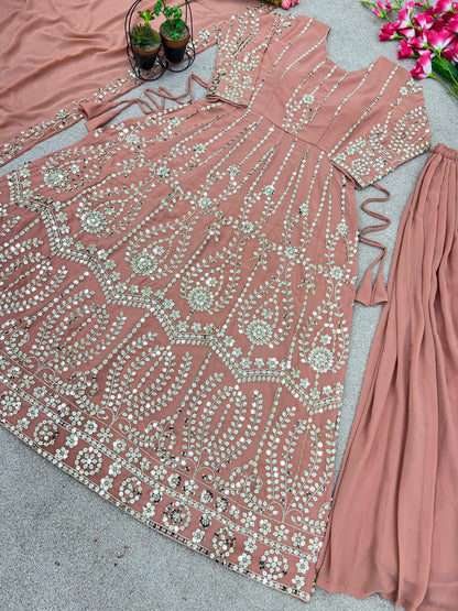 Glossy Sequence Work Peach Color Long Top With Sharara