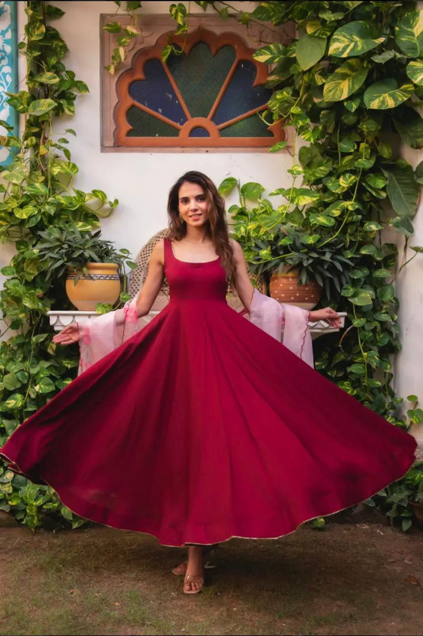 Plain Maroon Color Gown With Organza Dupatta