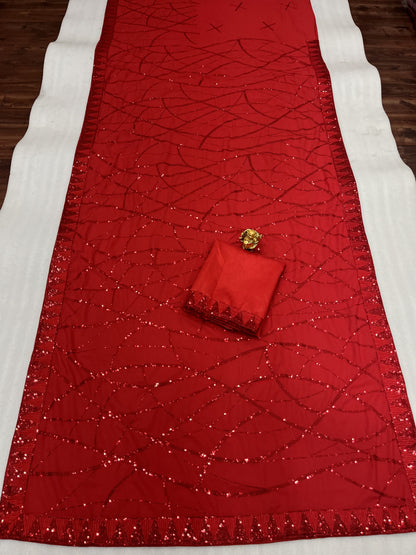 Eyes Catching Sequence Work Red Color Saree