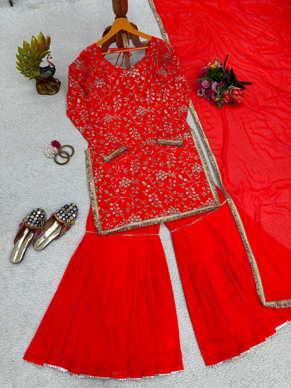 Charming Red Color Embroidery Work Sharara Suit