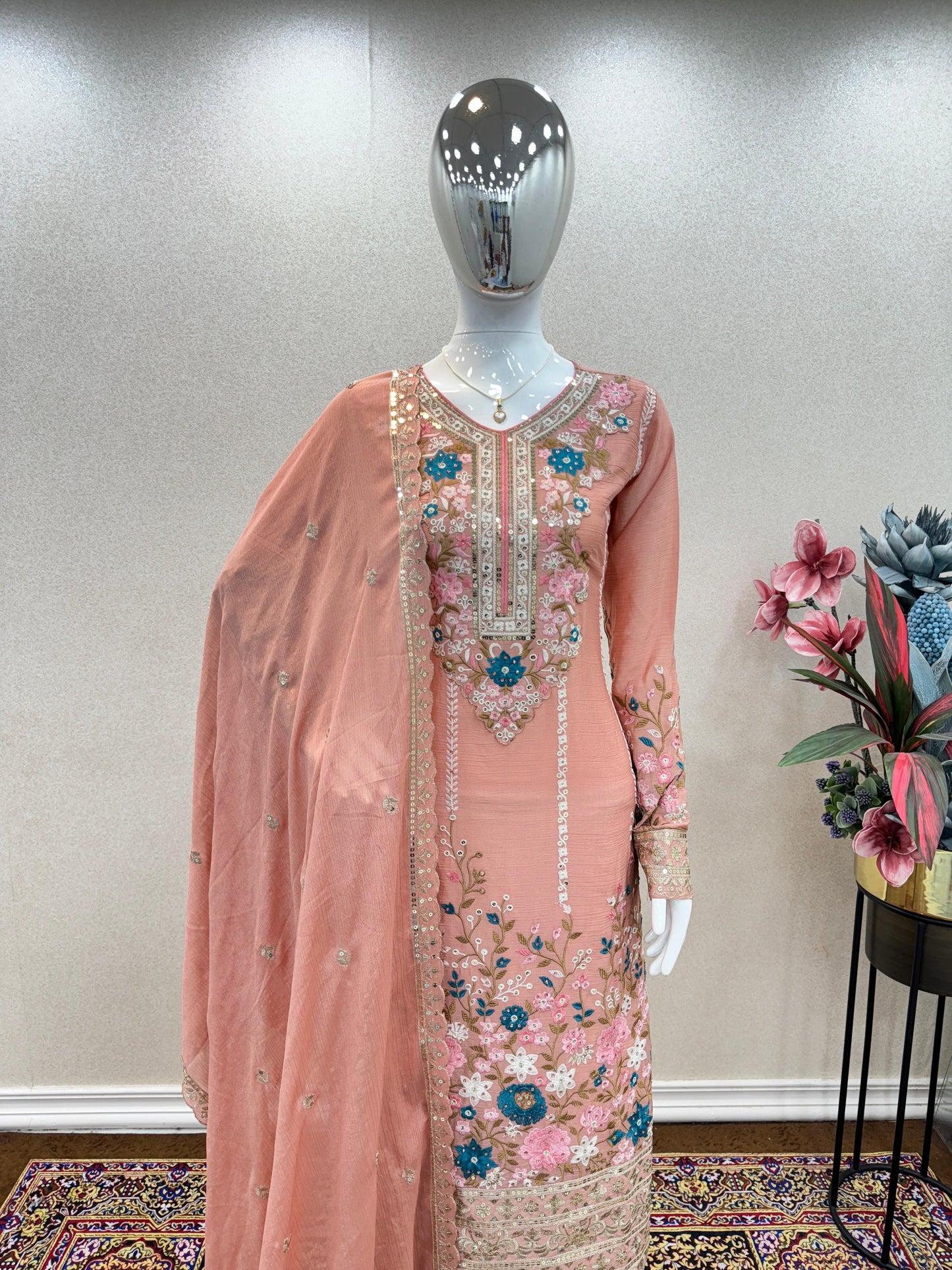 Admiring Peach Color Thread Work Palazzo Suit