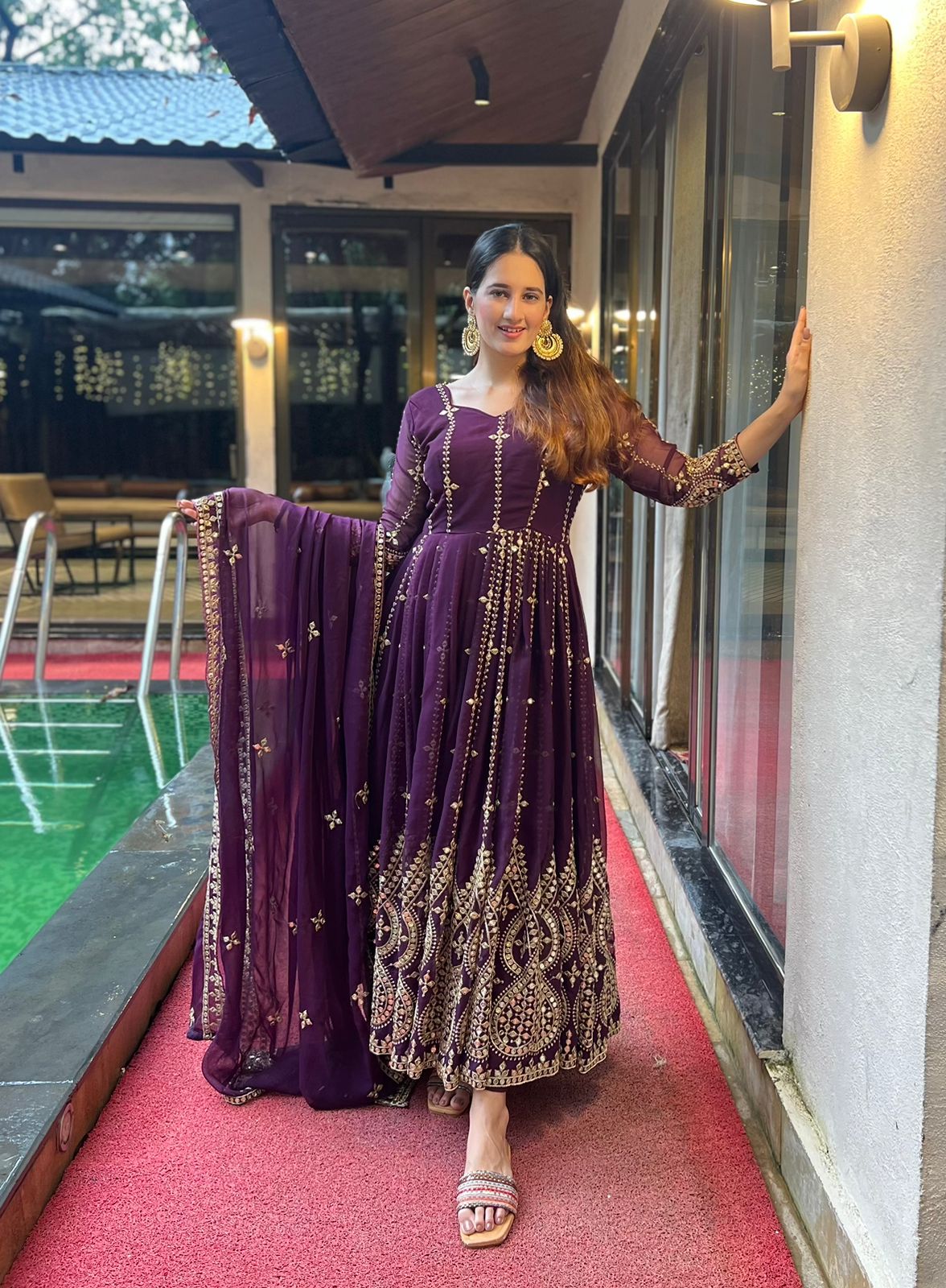 Embellished  Party Wear Sequence And Embroidery Work Purple Color Long Gown