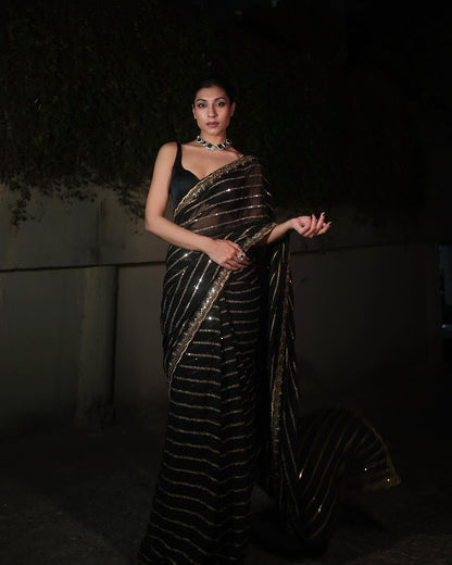 Captivating Embroidery Work Black Color Saree