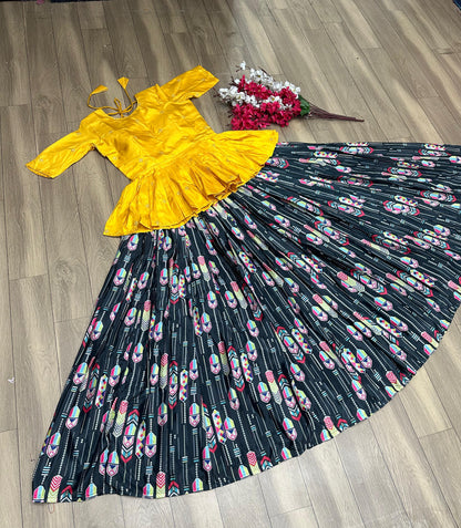 Trendy Yellow Color Top With Printed Black Lehenga