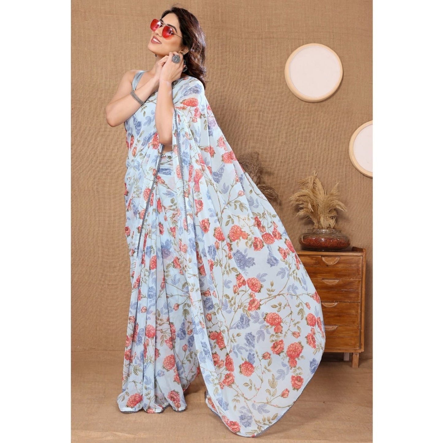 Ready To Wear Sky Blue Color Digital Printed Saree