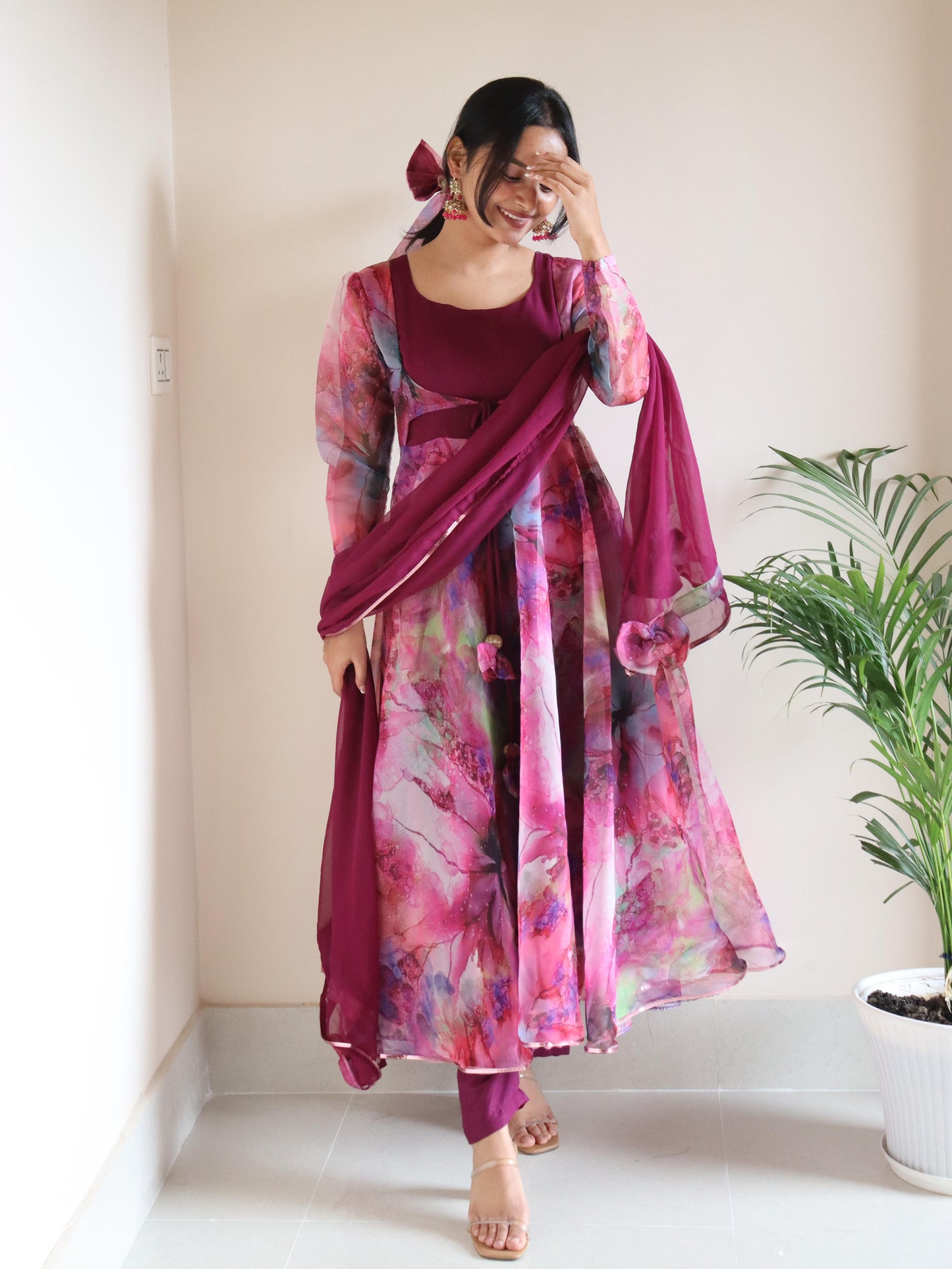 Fabulous  Digital Printed Organza Silk Pink Color Gown