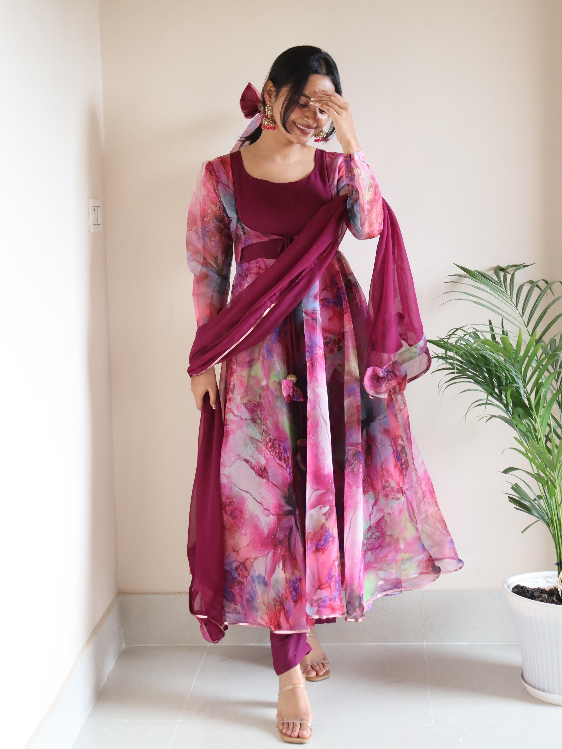 Fabulous  Digital Printed Organza Silk Pink Color Gown