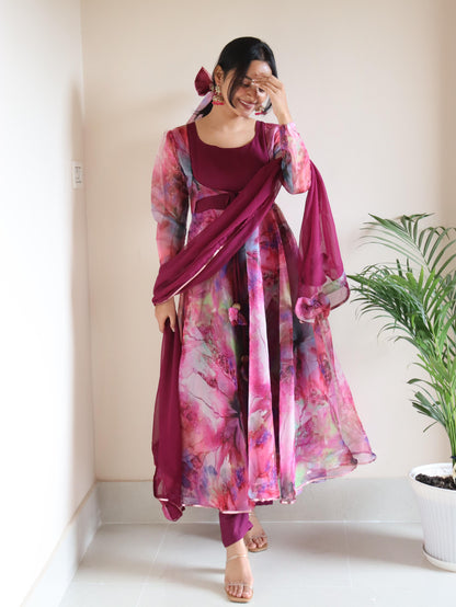 Fabulous  Digital Printed Organza Silk Pink Color Gown